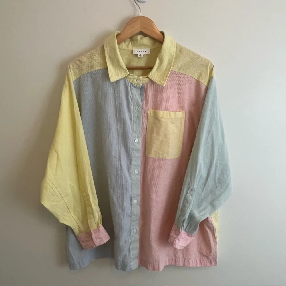 Mable Hazel Color Block Long Sleeve Button Down Shirt Relaxed Fit M/L Pastel - Picture 2 of 9